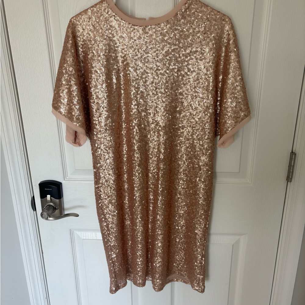 DressUp Rose Gold Sequin Sparkle Lined Short Sleeve Dress M Party Wedding Dance